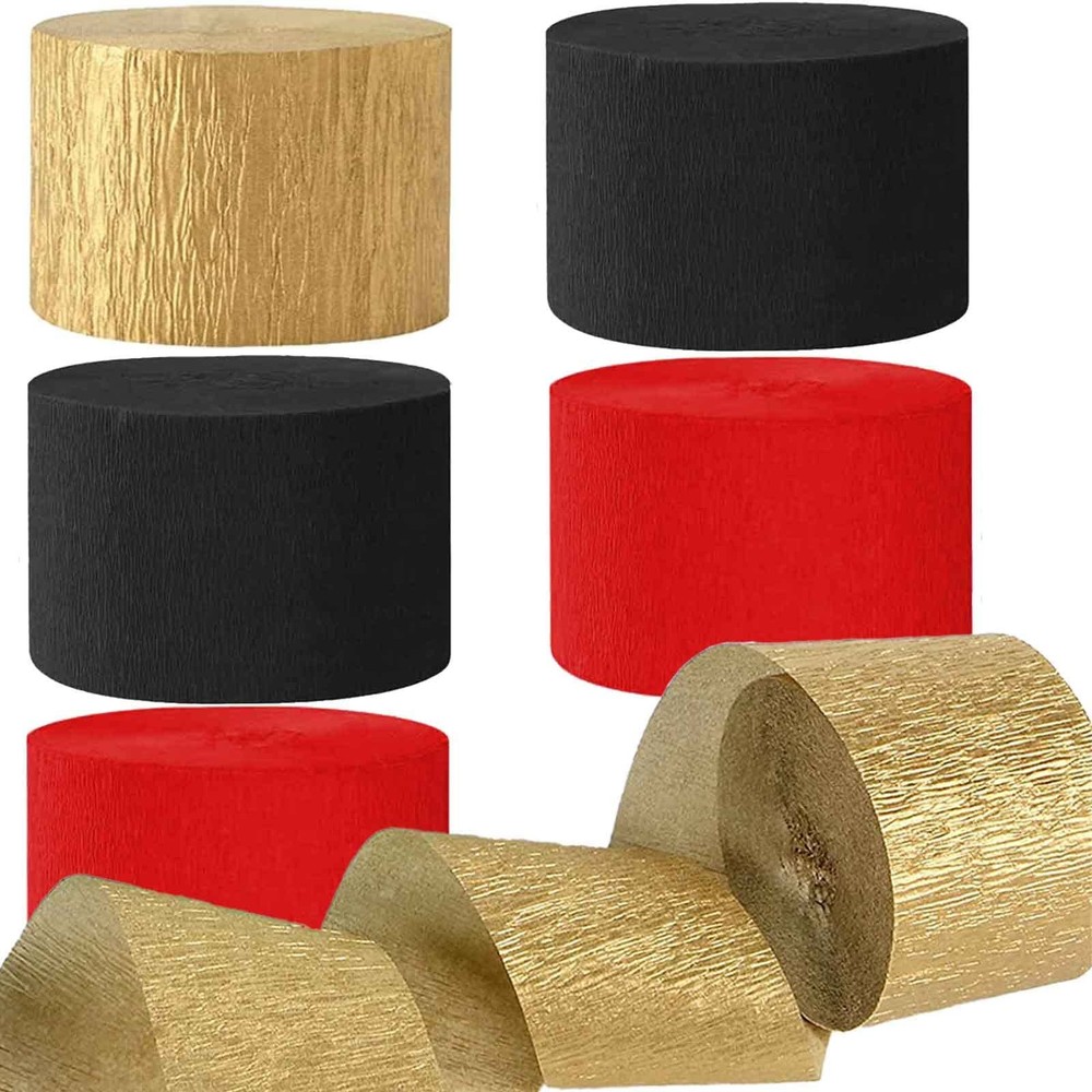 6 Rolls 1.8 Inch Widening 82 Feet Crepe Paper Streamers Black Red Gold Party