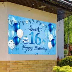 Blulu Happy 16th Birthday Decorations for Boys Girls Extra 185 x 110 cm, blue