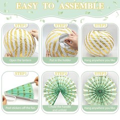 Sage Green Party Decorations, 14 Pcs Green and Gold Hanging Fans, Lanterns, P…