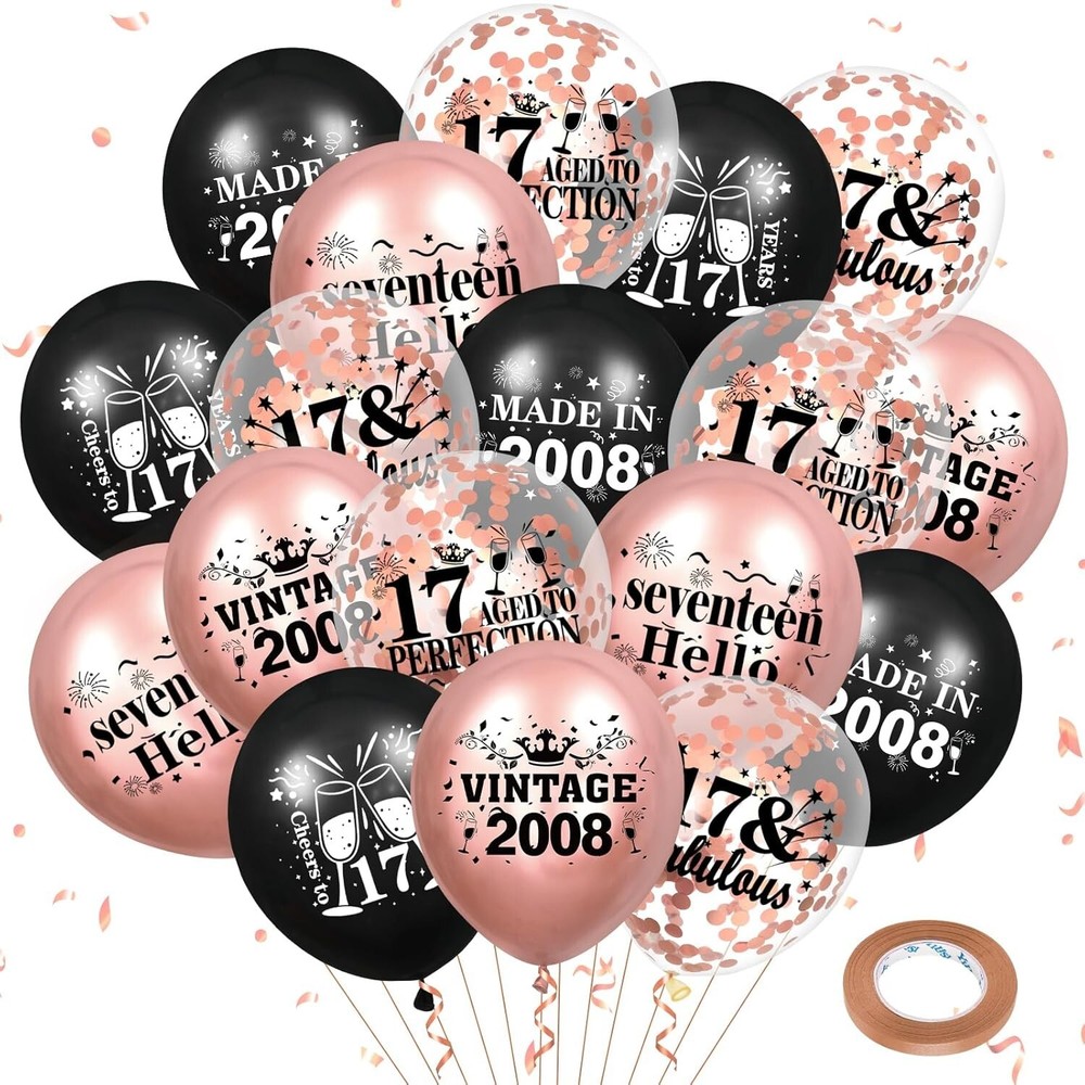 Rumia 17th Birthday Balloons 18pcs Rose Gold & Black 12″ Confetti Latex Vinta…