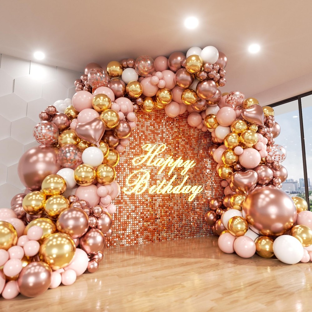Rose Gold Balloons Arch Kit, 140Pcs Metalic Rose Gold Metallic Gold White Pin…