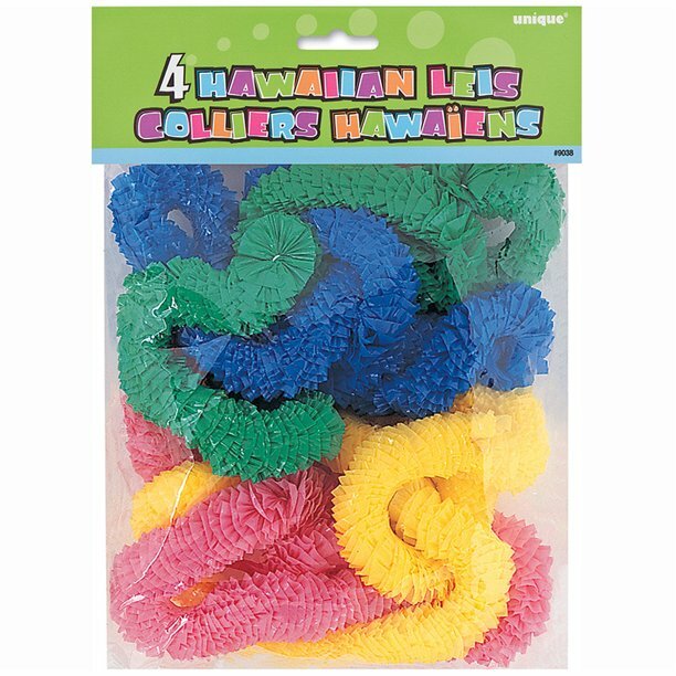 Unique Yellow Pink Green Blue 4-Pack Plastic Luau Hawaiian Leis