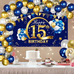 Blue Gold 15Th Birthday Banner with Confetti Balloon Arch, Happy Fifteen Banner