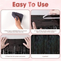 Black Foil Fringe Backdrop Curtains Set Tinsel Party Decorations 2 Pack Reusable