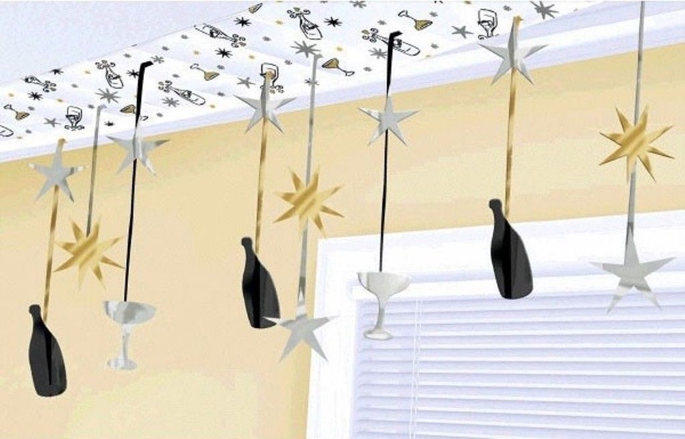 Champagne Glasses Bottles Stars Ceiling Decoration Black Silver Gold