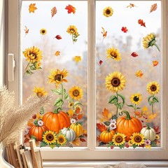 9 Sheets Fall Sunflower Window Clings 7.9 x 11.8 inch, Multicolor
