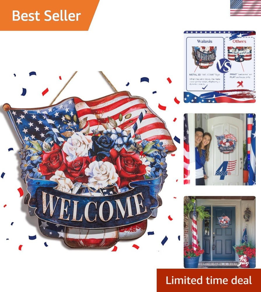 14-Inch Patriotic Wreath: Vintage Mason Jar ‘WELCOME’ Decor for Independence Day