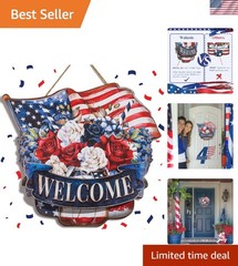 14-Inch Patriotic Wreath: Vintage Mason Jar ‘WELCOME’ Decor for Independence Day