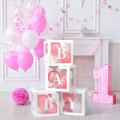 Voircoloria Baby Boxes with Letters 4 Transparent Balloon for Gender Reveal
