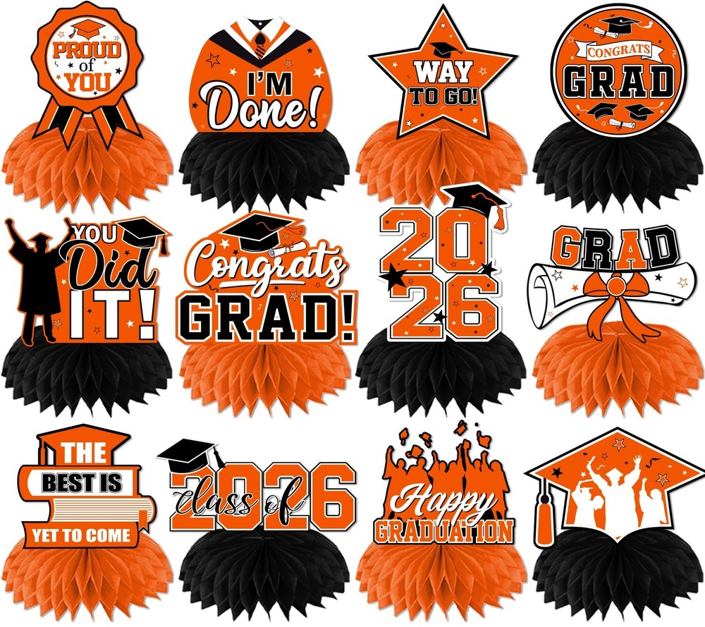 12 PCS Orange Black Graduation Decorations Honeycomb Centerpiece 2026