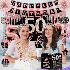 50th Birthday Party Decorations Kit 32pcs Rose Gold Black Banner Crown Sash Ball