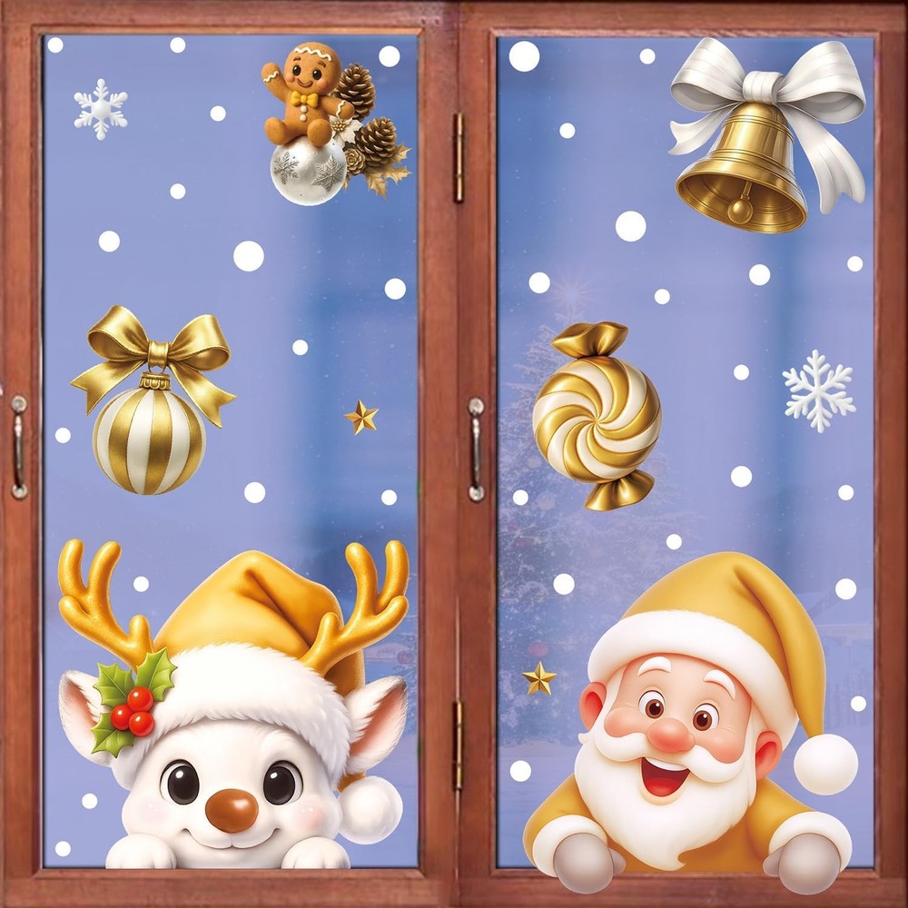 2 Sheets Gold Christmas Window Clings Large Winter Stickers Santa