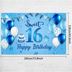 Blulu Happy 16th Birthday Decorations for Boys Girls Extra 185 x 110 cm, blue