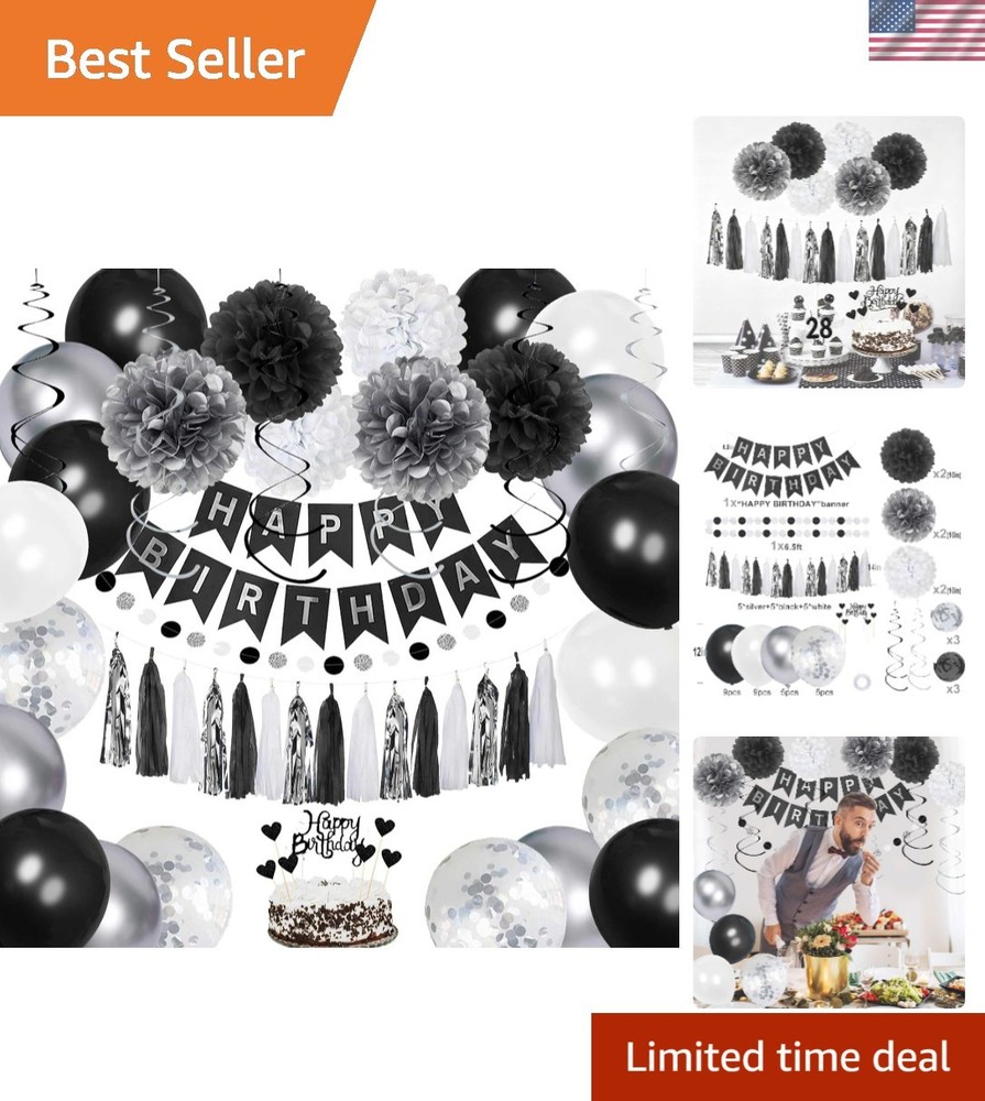 Chic Black, White & Silver Party Supplies – 42-Piece Birthday Decoration Set