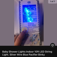 Blue Baby Boy Shower Indoor 10ft LED Lights. Silver Wire Pacifier Carriage Bear