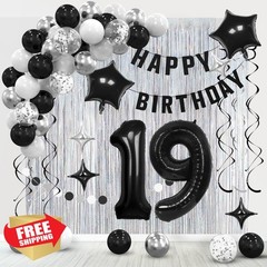 Ashmole 19th Birthday Banner Balloons 19 Black Silvery