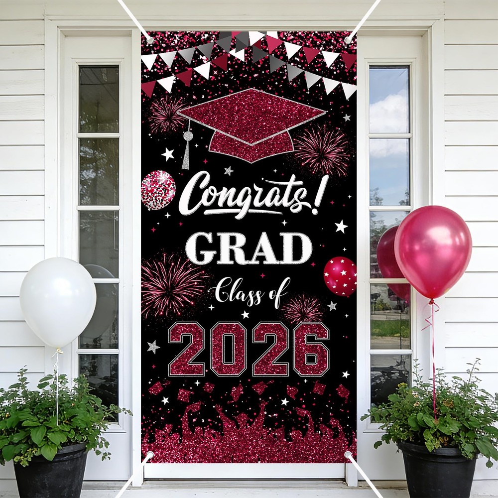 2026 Graduation Door Cover 3×6 ft Maroon Congrats Grad Banner Class of 2026 Porc