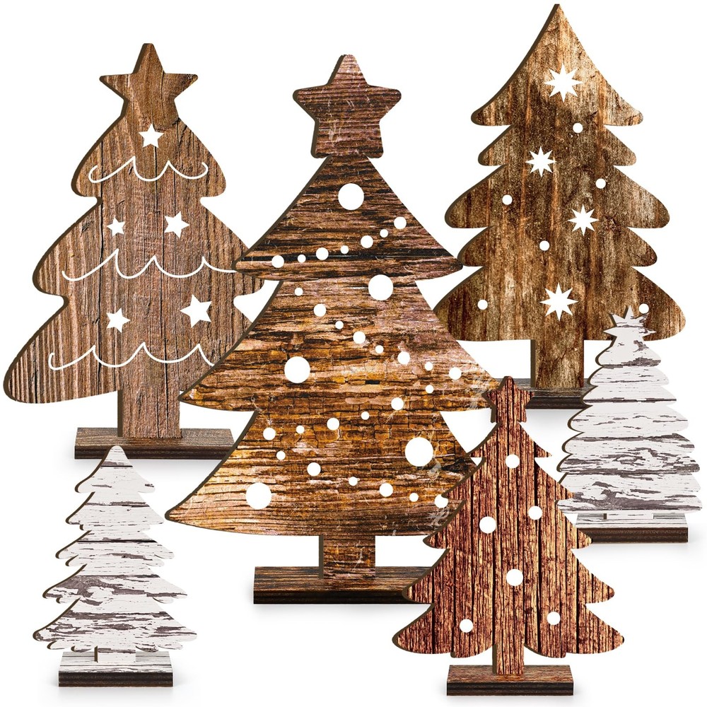 Wooden Christmas Tree Tabletop Decor Freestanding Rustic Tiered Tray 6 PCS