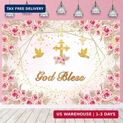 God Bless Backdrop for Girls First Holy Communion Baptism Backdrop Pink Flower G