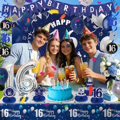 Blue Silver 16th Birthday Decorations for Boys Girls, Sweet 16 Party Decorati…