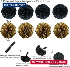 ZERODECO Party Decoration, 21 Pcs Black and Gold Hanging Paper Fans, Pom Poms Fl