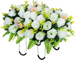 Artificial Headstone Flower Saddle, Cemetery Flowers for Grave, White