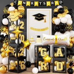 Black & Gold Graduation Party Decorations – 2026 Grad Balloons, Boxes, Arch & Co