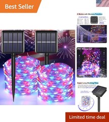 200 LED Solar Fairy String Lights – 66ft Red White Blue – Waterproof & Versatile