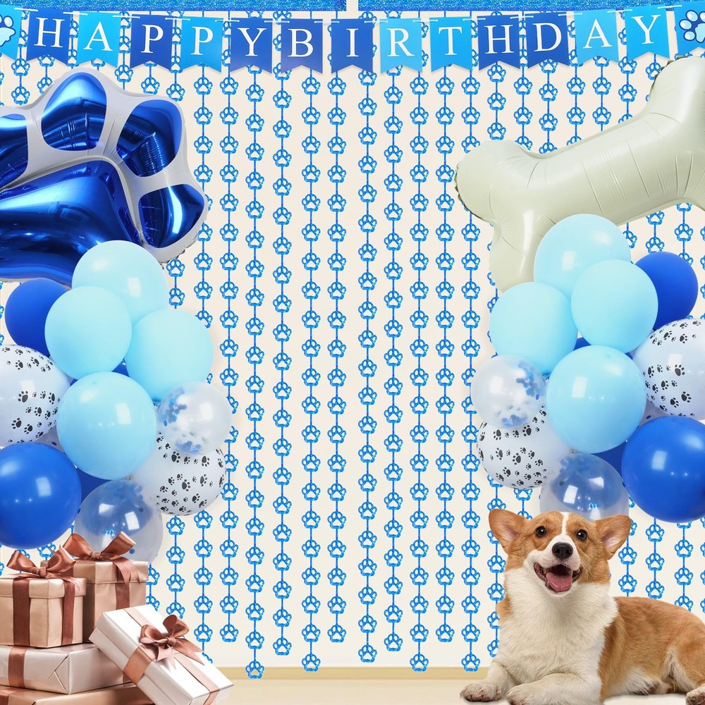 RANERVZ Dog Birthday Paw Foil Fringe Curtain 3.3×6.6ft Orange Blue