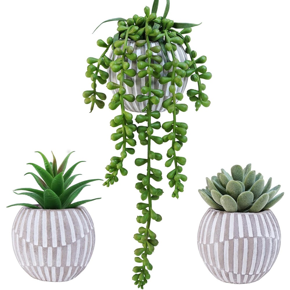 Winlyn 3 Pack Artificial Succulent Plants in Gray Geometric Concrete Green