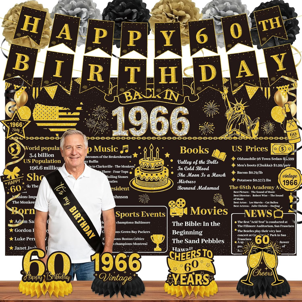 Black Gold 60Th Birthday Decorations – Back in 1966 Backdrop, Pre-Strung Banner,