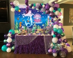 Birthday Backdrop Mermaid-Under the Sea Theme (8x6FT) Baby Shower, Blue & Purple