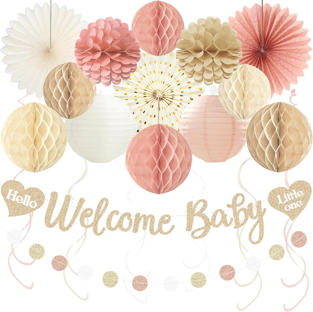 Ivory Blush Pink Baby Shower Decorations for Girl, Pre-Strung, 24Pcs | Welcome B