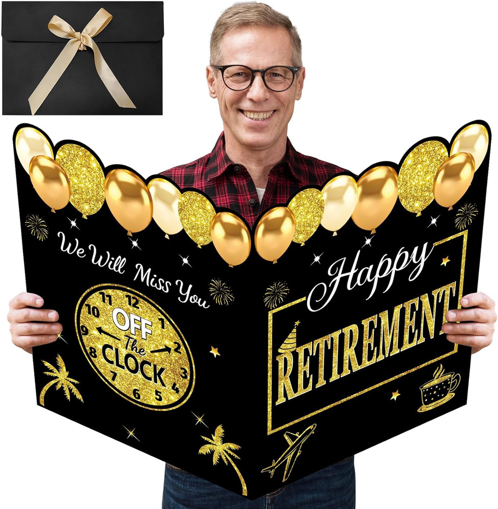 Happy Retirement Party Decorations Card for Men Women, Black Gold Large Retireme