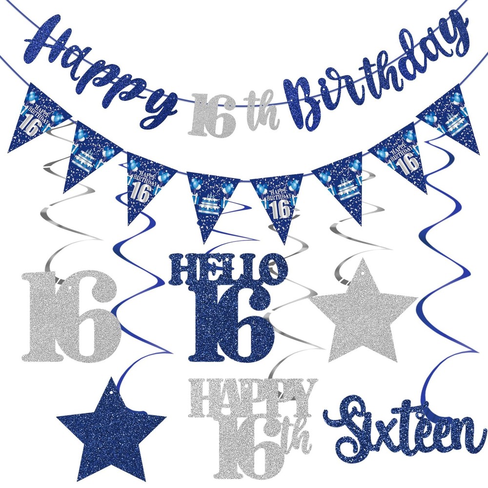 Blue Silver 16th Birthday Decorations for Boys Girls, Happy