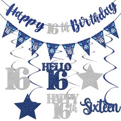 Blue Silver 16th Birthday Decorations for Boys Girls, Happy