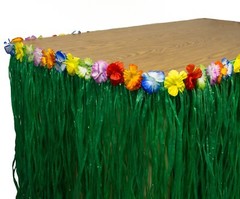 Green Grass Table Skirt Luau Party Decoration w Colorful Flowers, 104″L by 29″T