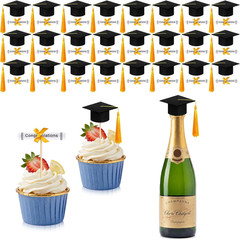 48 Pcs Mini Graduation Cap Decorations 2026 Black Felt Small Grad Cap with Gold