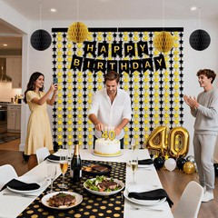 Black and Gold Party Decorations, 13Pcs Hanging Paper Fans Star Foil Curtains…