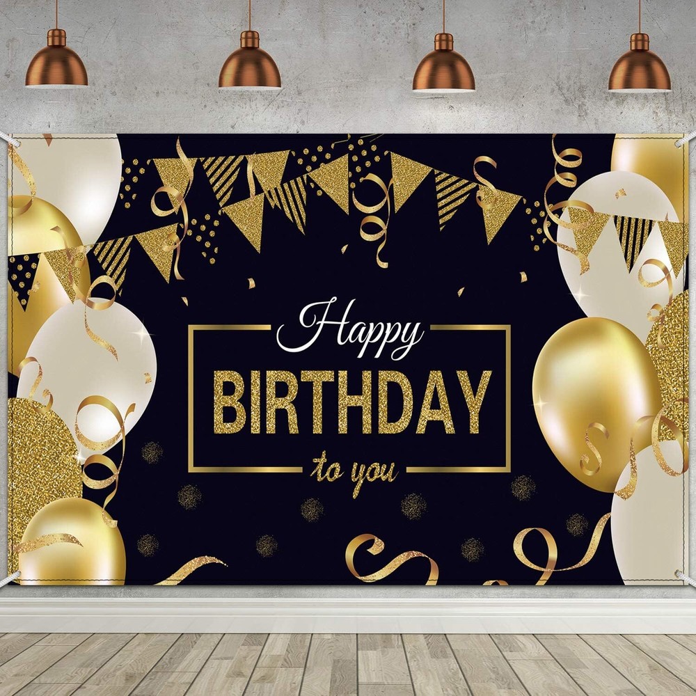 Happy Birthday Backdrop Banner Extra Large Black and Gold Sign Poster for Men Wo