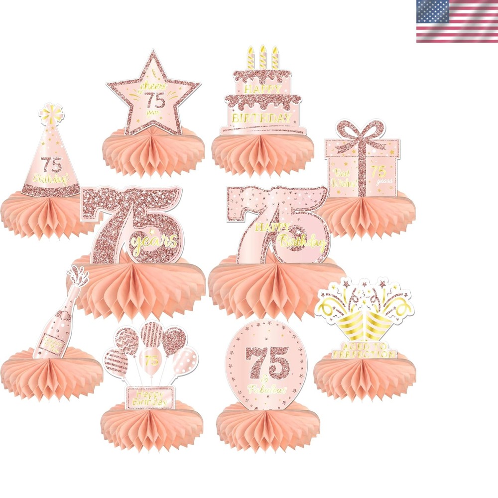 10 PCS Rose Gold Pink 75th Birthday Honeycomb Table Topper Centerpieces