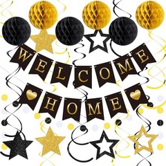 Welcome Home Decorations Banner with Glitter Stars Hanging Black
