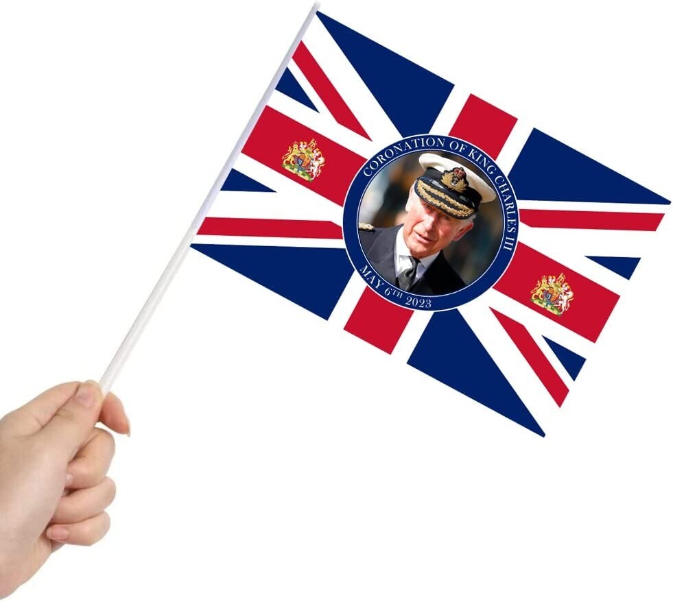 Coronation of King Charles III Hand-Held Plastic Flags 30cm – Pack of 10