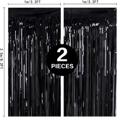 2 Pack 3.2ft x 8.2ft Black Tinsel Foil Fringe Curtains, Metallic Foil Tinsel