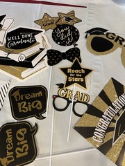 Grad Party Supply LOT Gold Black Silver Decorations Centerpiece Garlands Banner