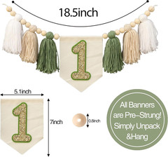 Wild One 1st Green White Highchair Banner Handmade Wood Bead Tassel Garland Birt