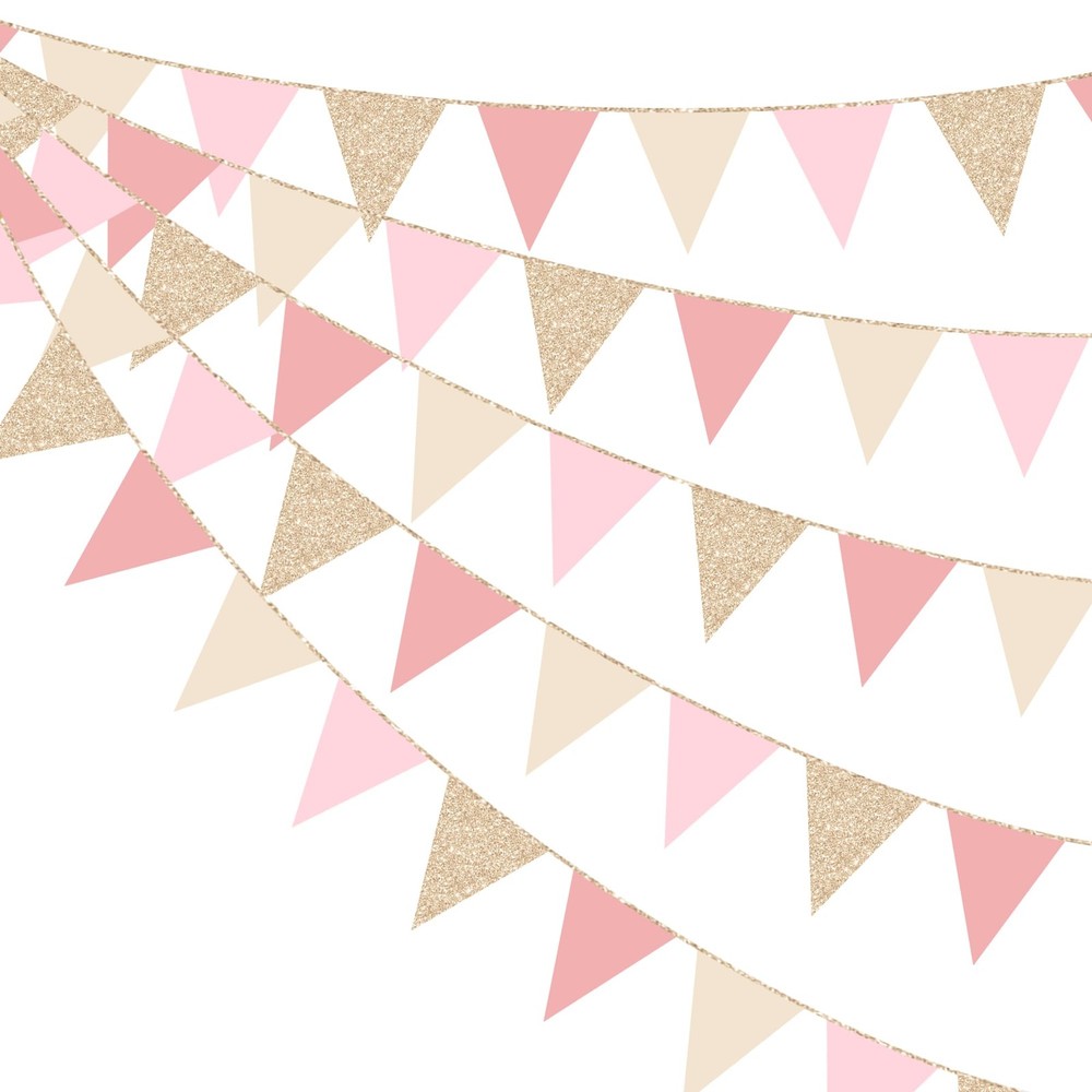 Gold Dusty Rose Pink Beige Party Pennant Banner Flag Hanging Glitter Paper Trian