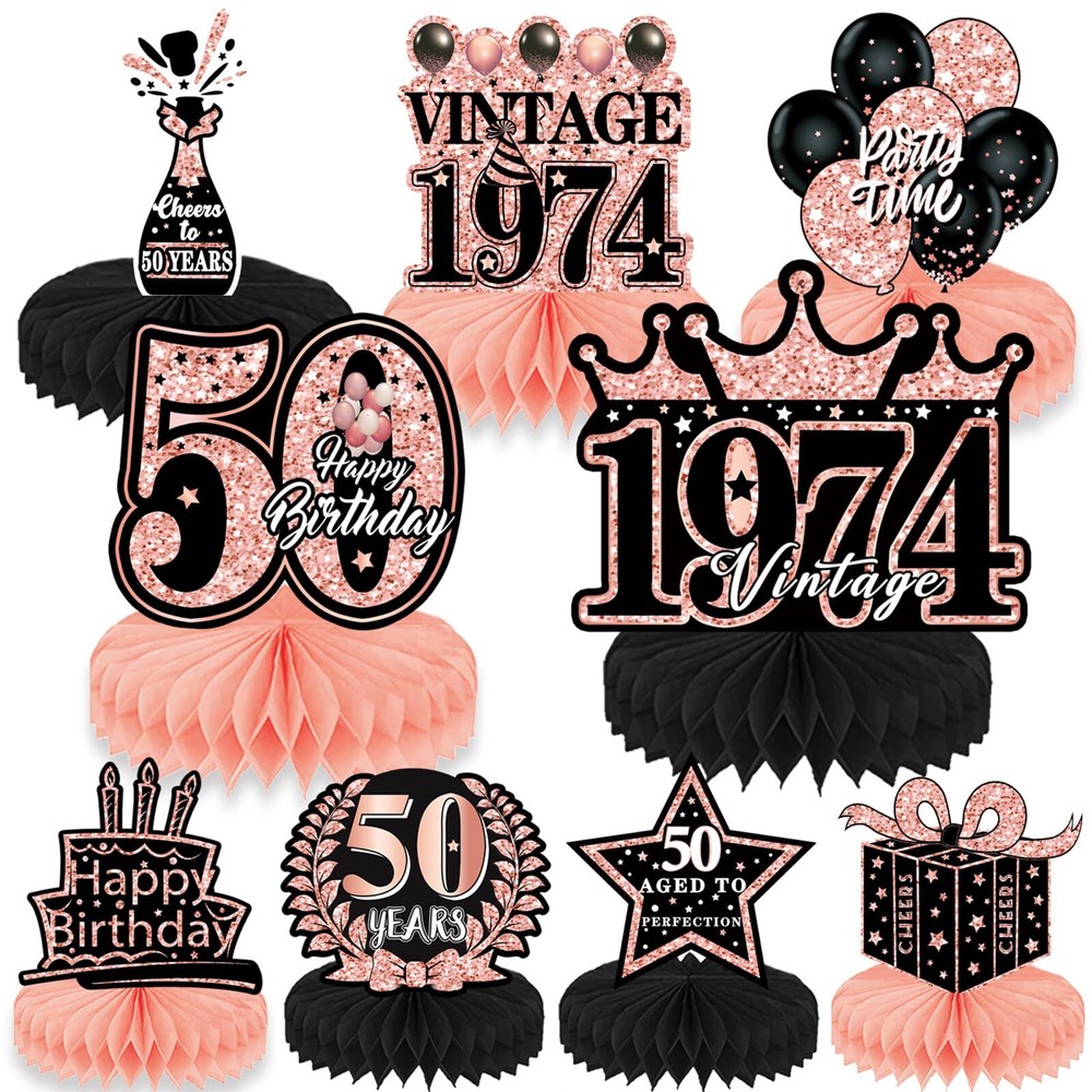 9 Pcs 50th Birthday Decorations Honeycomb Centerpieces Vintage 1974 Table Sign