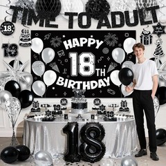18Th Birthday Decorations for Boys Girls, Black 18Th Birthday Supplies Include T