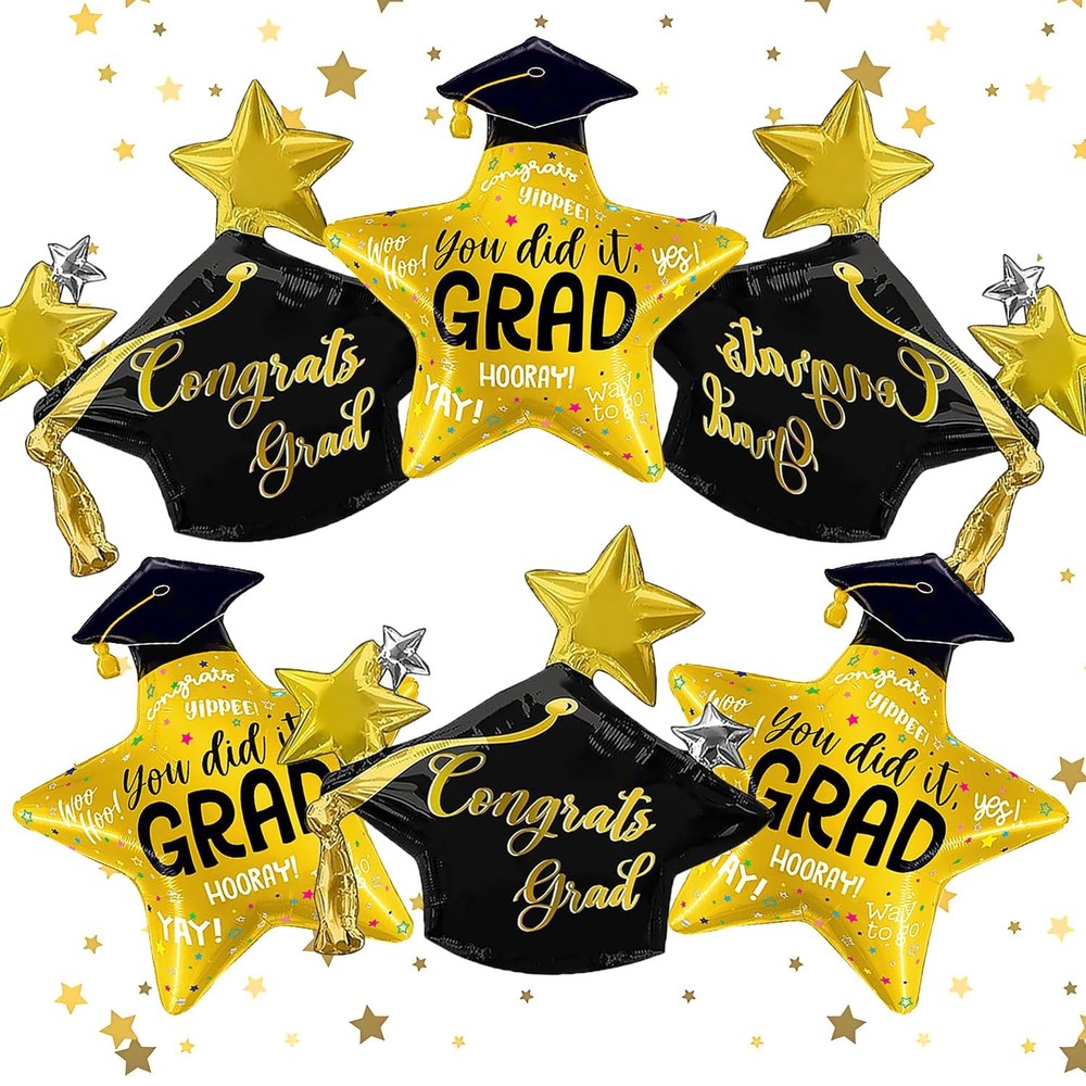 6Pcs Graduation Foil Balloons Include Black Grad Cap Balloon for Graduation P…